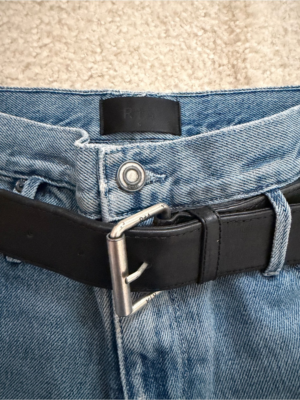 RtA Dexter Half Belt Jeans Straight Leg Factory Distressed Blue Wash Denim Small - Picture 6 of 13